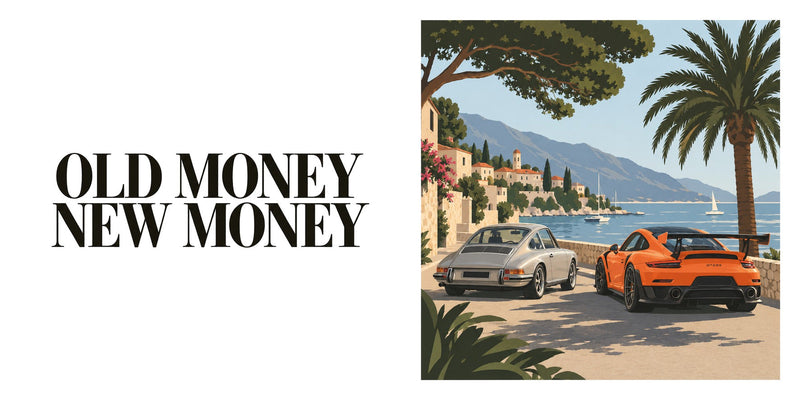 Old Money, New Money: silberner luftgekühlter Porsche 911 neben einem orangefarbenen Porsche 911 GT2 RS an einer Küstenstraße